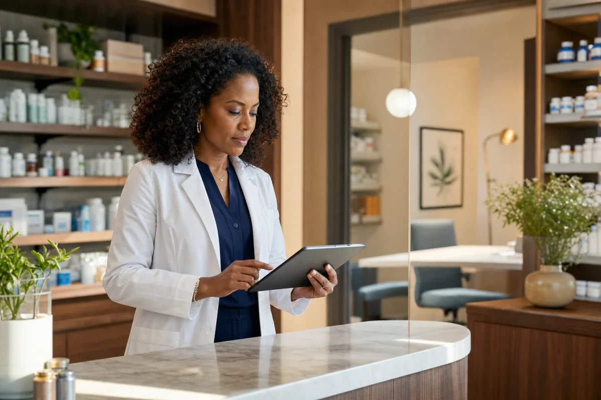 Independent US pharmacy owner reviewing a patient-care schedule